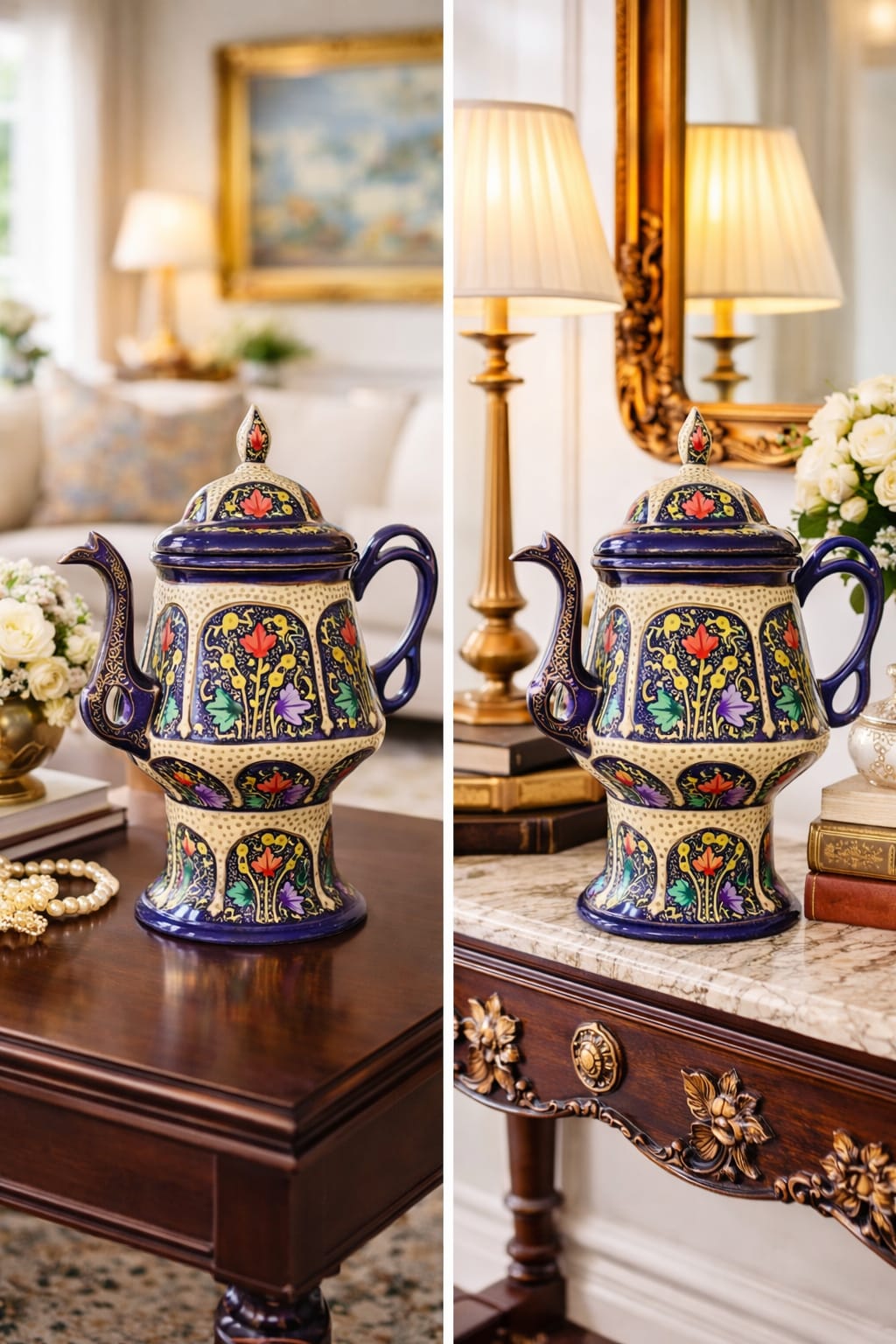 Handmade Kashmiri paper mache samavar with gold finish and hand-painted floral and bird motifs for luxury home décor